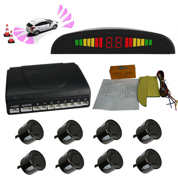 Black Front and Rear 8 Parking Sensors Car Reverse Kit LED Display Buzzer Alarm