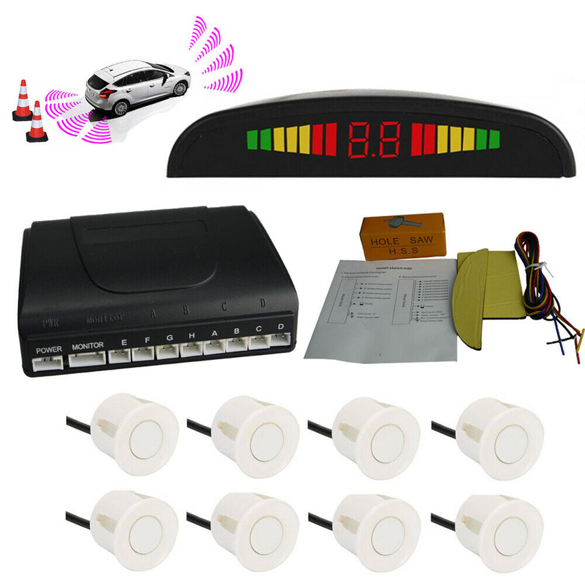 White Front and Rear 8 Parking Sensors Car Reverse Kit LED Display Buzzer Alarm