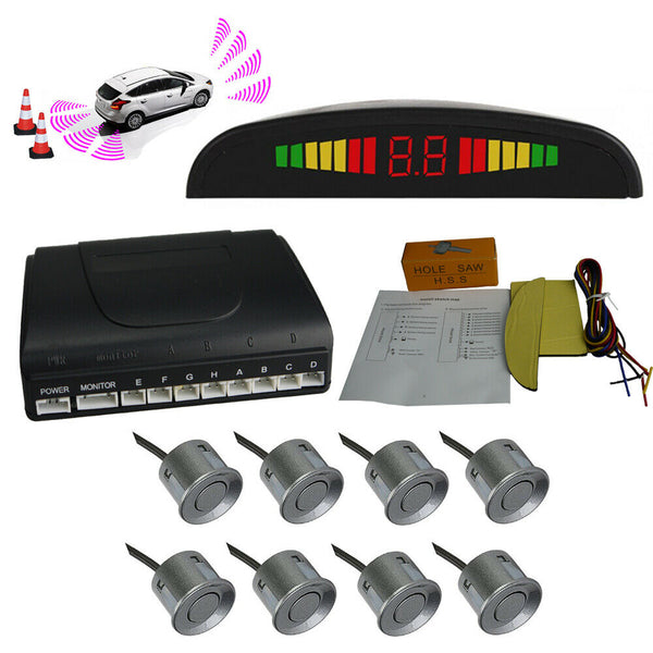 Grey Front and Rear 8 Parking Sensors Car Reverse Kit LED Display Buzzer Alarm